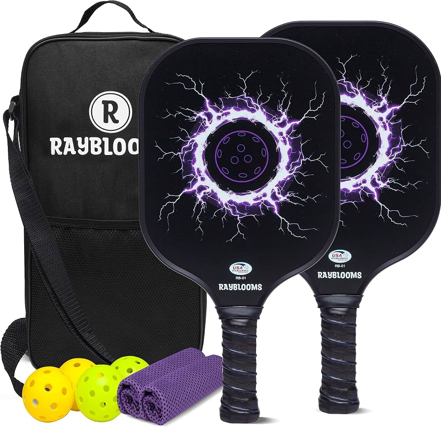 Two Raybloom fiberglass pickleball paddles with carrying bag, pickleballs, and towel
