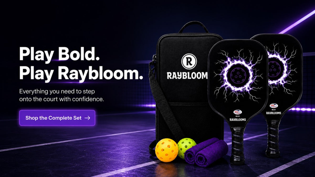 Raybloom complete pickleball set with two paddles, carry bag, balls and sports towels.
