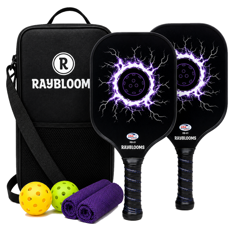 Raybloom pickleball set with two paddles, two balls, two purple towels and one carrying bag